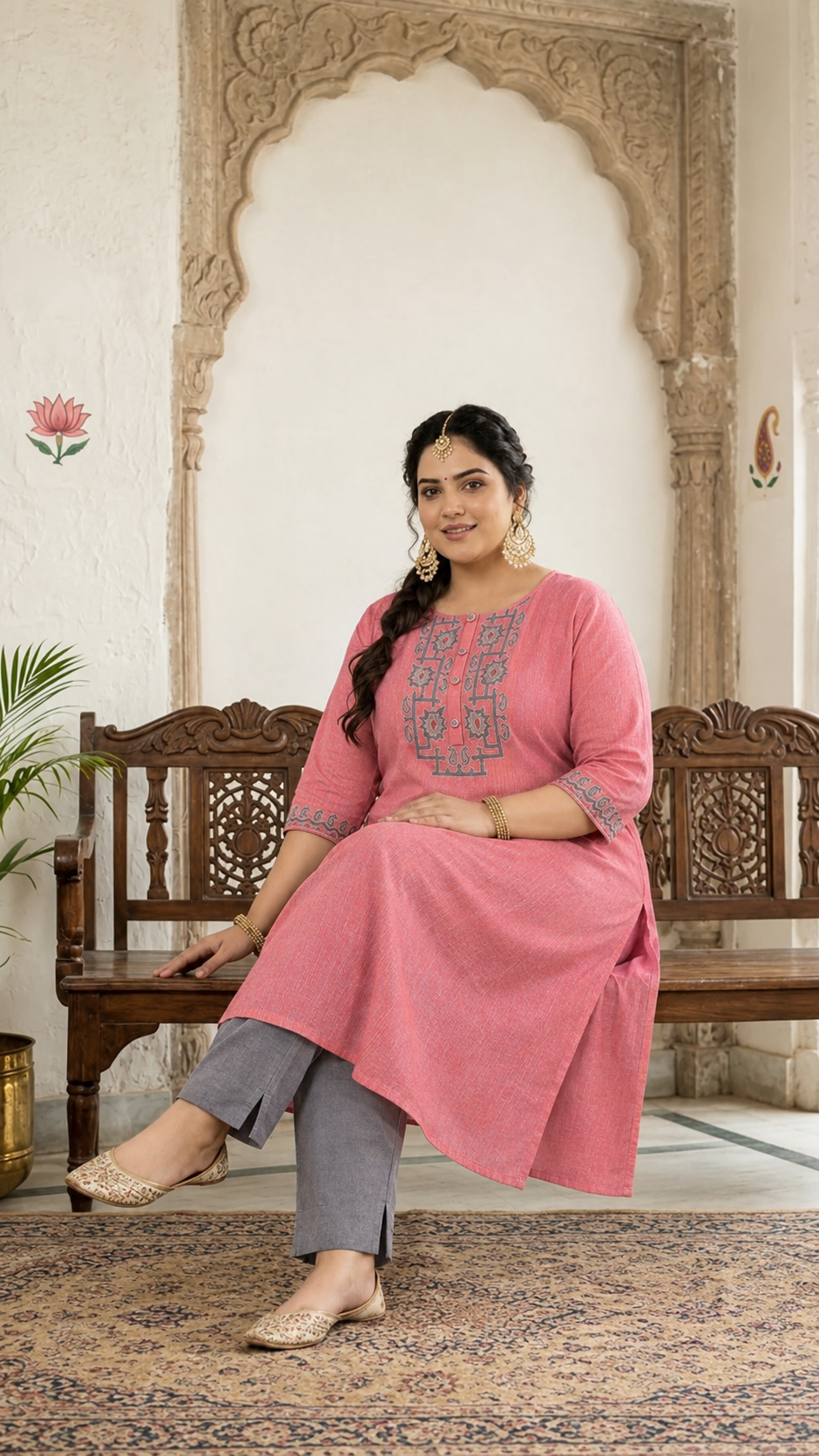 Plus size- A-Line Kurta in Woven Cotton with All-Over Thread Embroidery and Pocket Detail