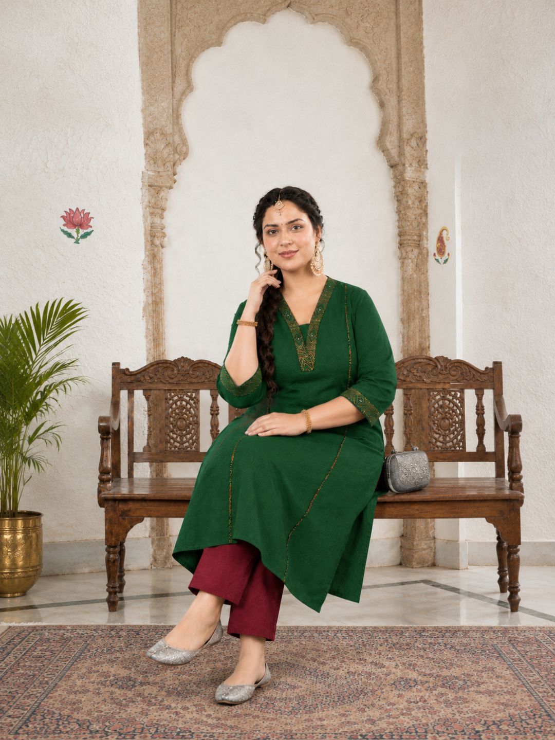 Plus Size-Elegant A-Line Cotton Slub Kurta with Thread and Mirror Embroidery and Pocket