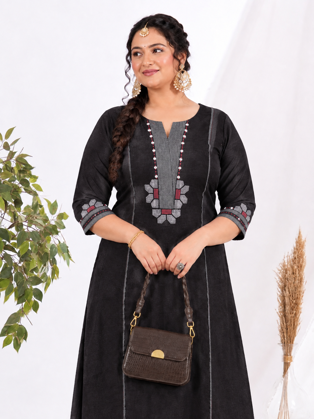Plus size- A-line Cotton Kurta with Mirror Work, Striped Panel & Geometric Applique.