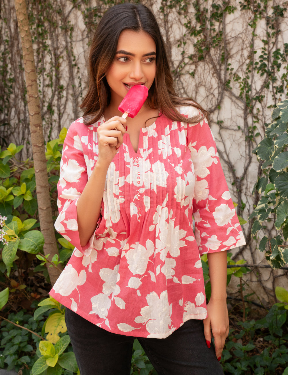 Printed short top with tucks in the front with mirror work and bell sleeves