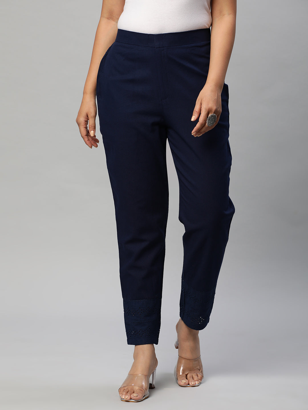 Cotton Pencil pant with schiffli detailing in hem(Blue)