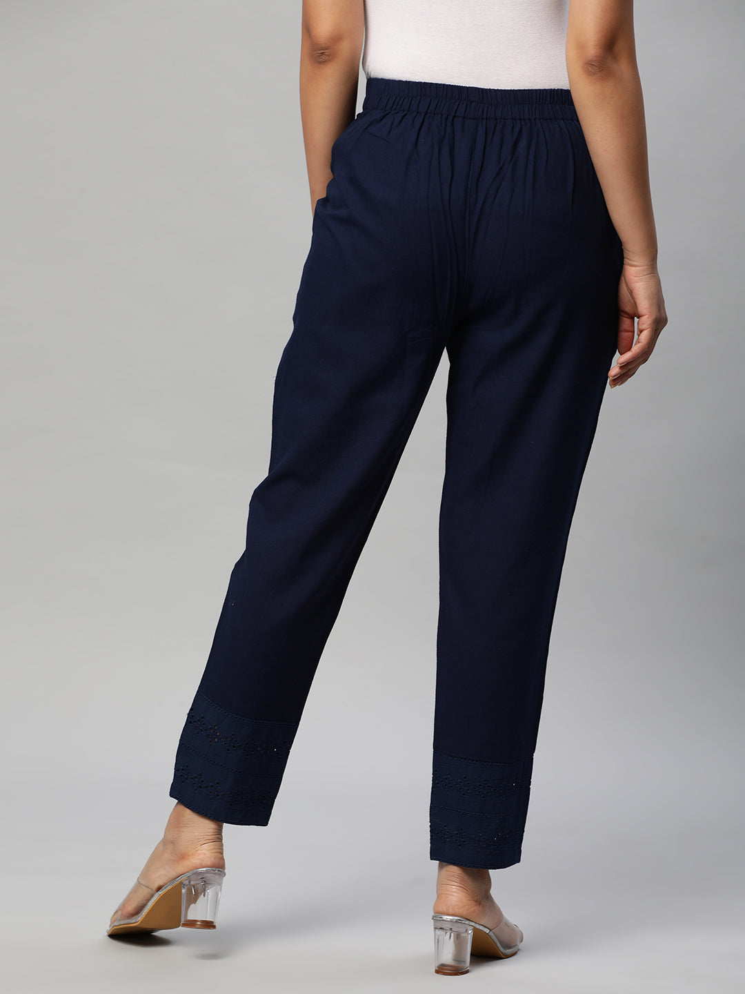 Cotton Pencil pant with schiffli detailing in hem(Blue)