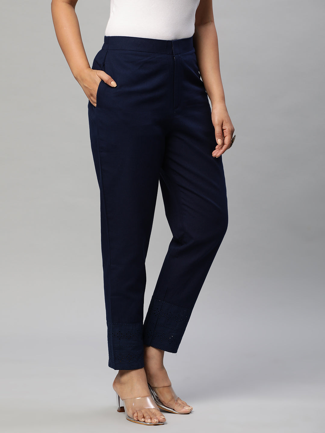 Cotton Pencil pant with schiffli detailing in hem(Blue)