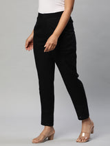 Cotton Pencil pant with schiffli detailing in hem(Black)