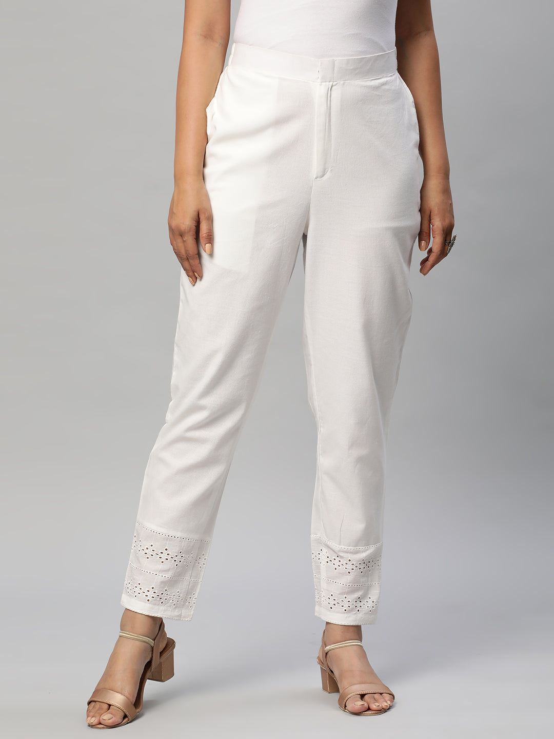 Cotton Pencil pant with schiffli detailing in hem(White)