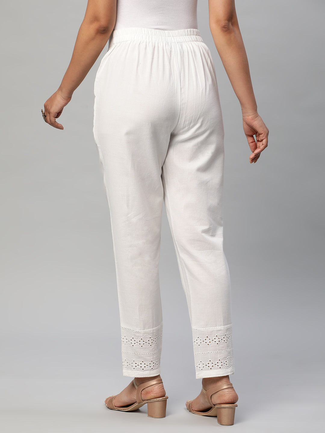 Cotton Pencil pant with schiffli detailing in hem(White)