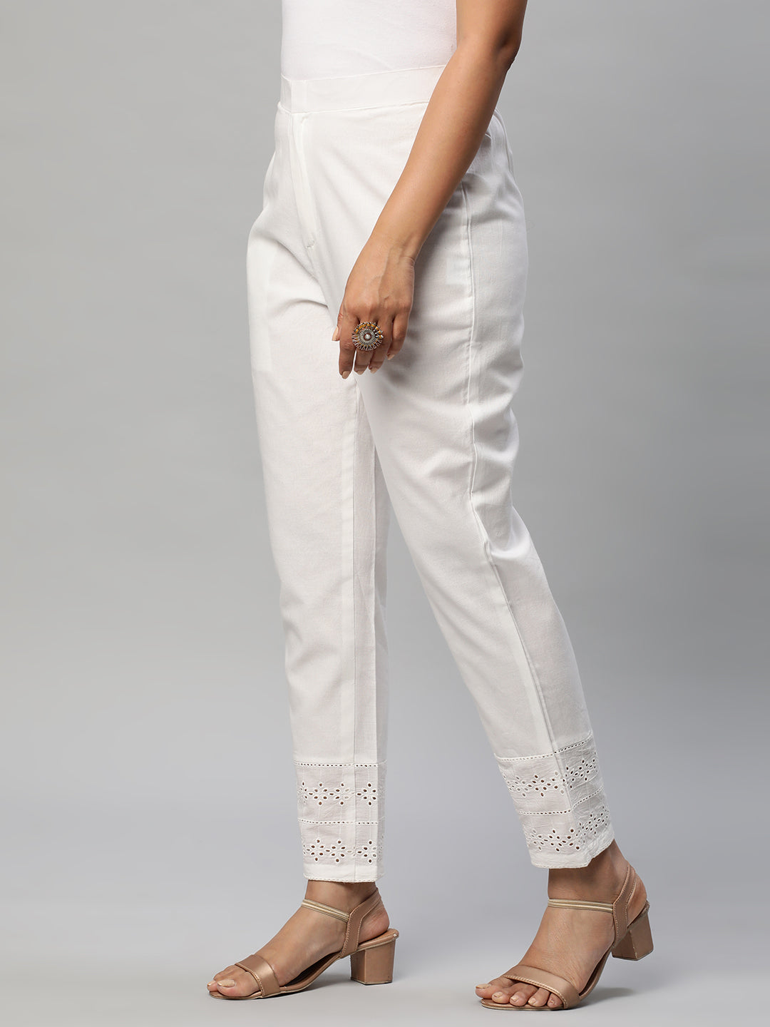 Cotton Pencil pant with schiffli detailing in hem(White)