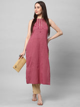 A fully elasticated beige ankle length cotton linen pant