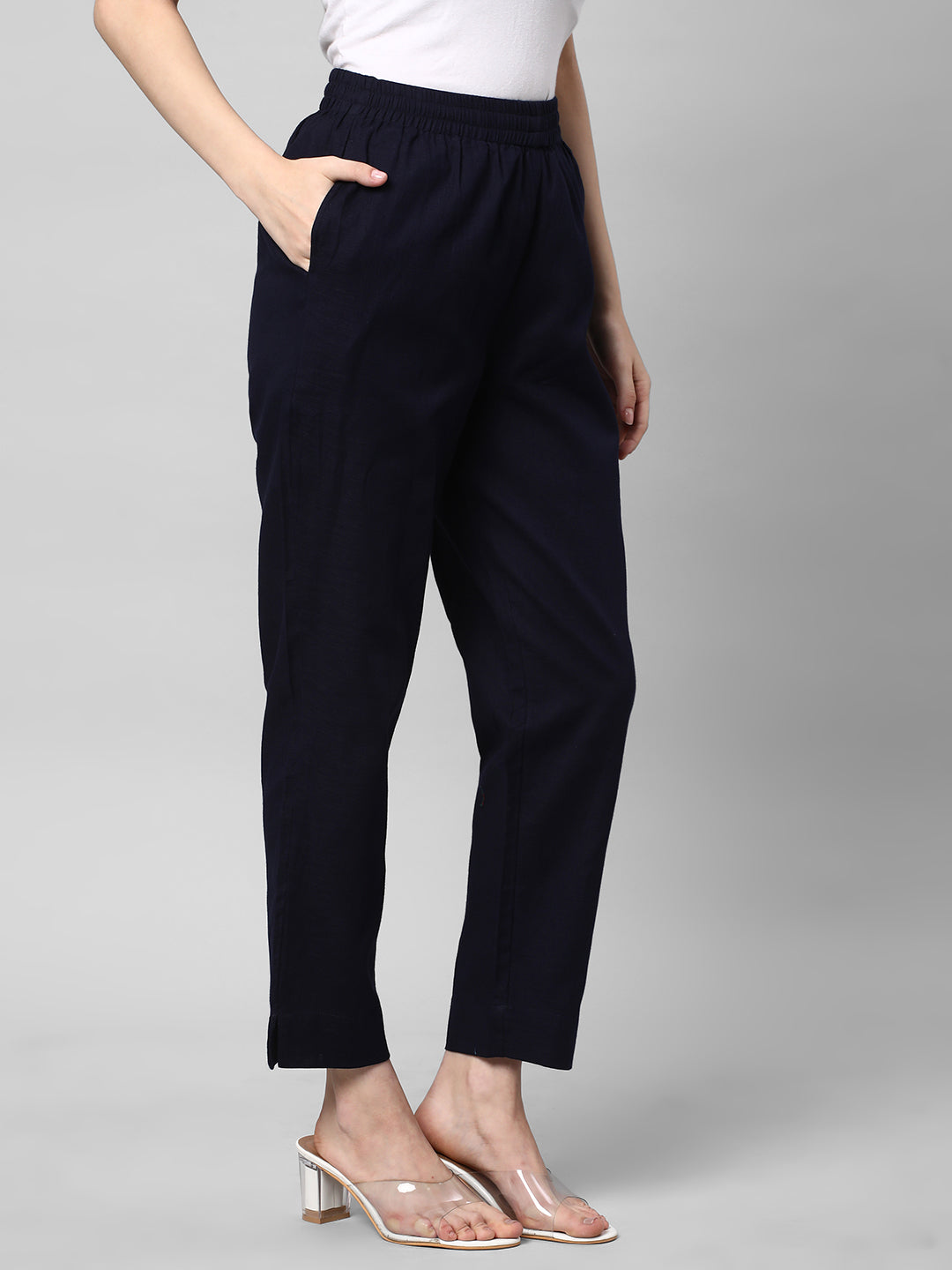 A fully elasticated Navy ankle length cotton linen pant