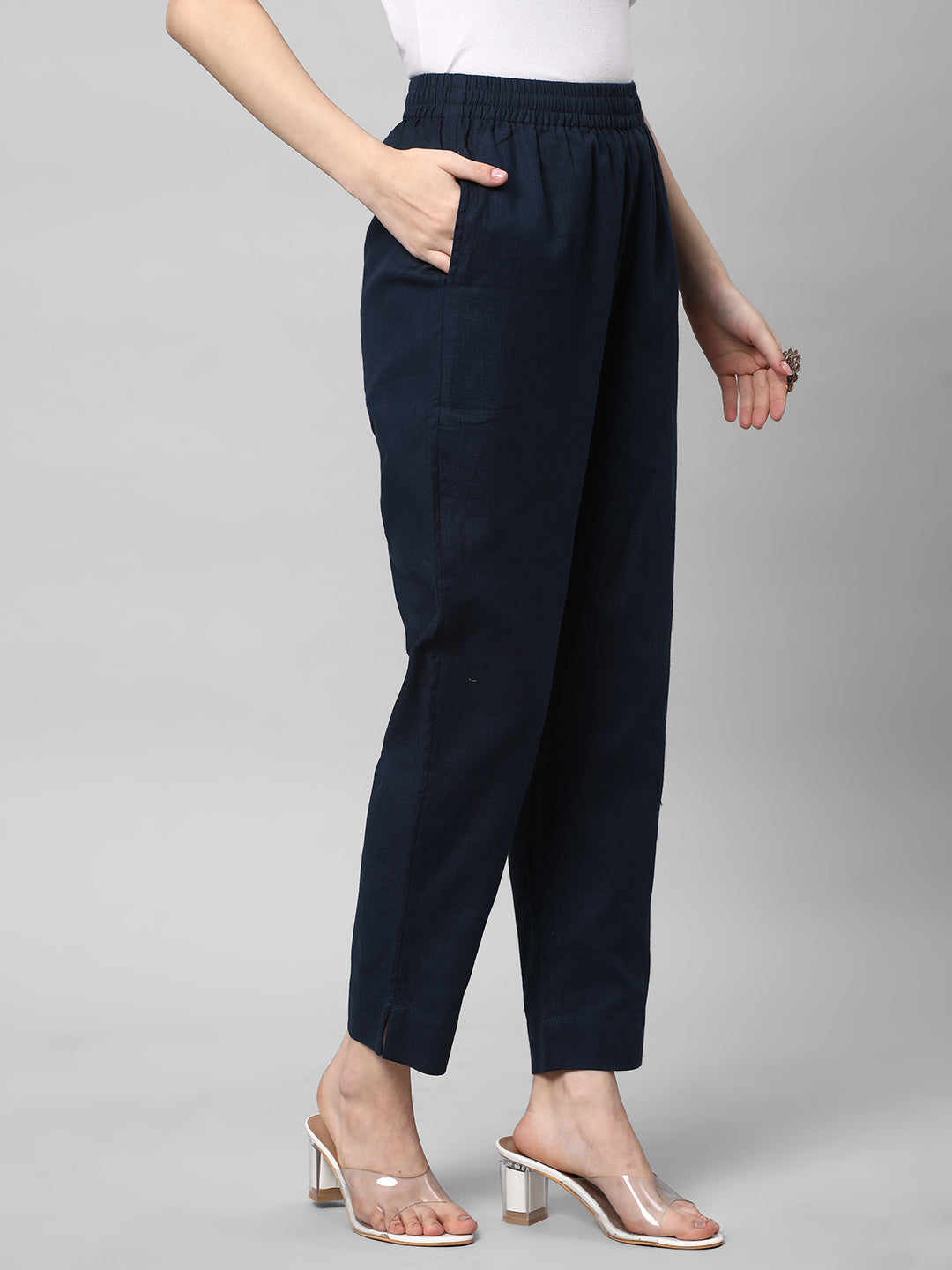 A fully elasticated blue ankle length cotton linen pant
