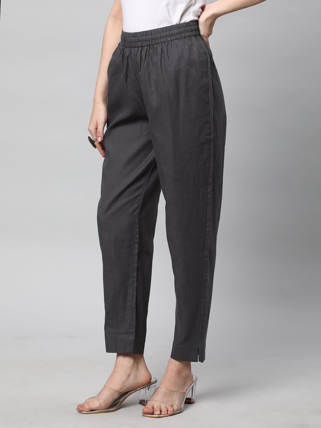 A fully elasticated grey ankle length cotton linen pant
