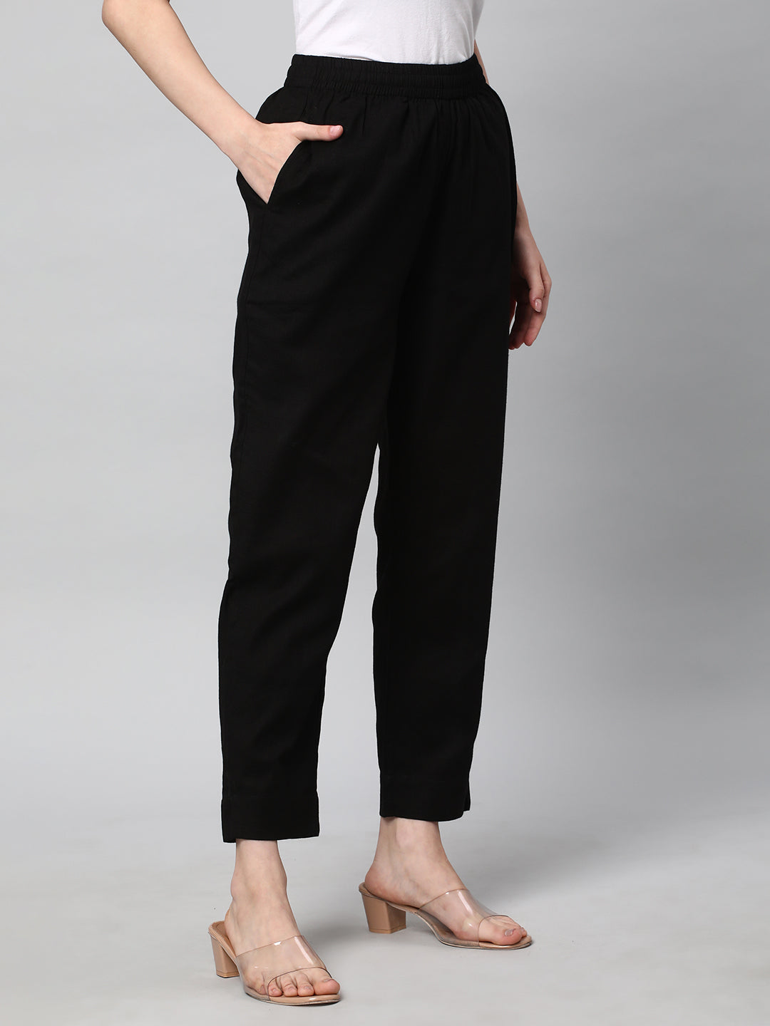 A fully elasticated black ankle length cotton linen pant