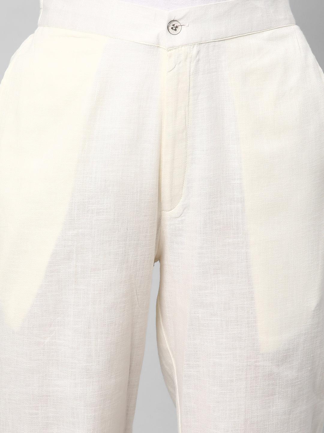 A Off-white ankle length cotton linen pant with plain belt in front