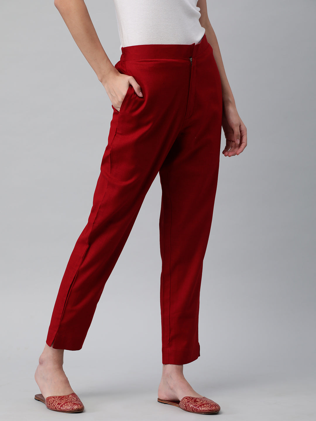 A Maroon ankle length cotton linen pant with plain belt in front