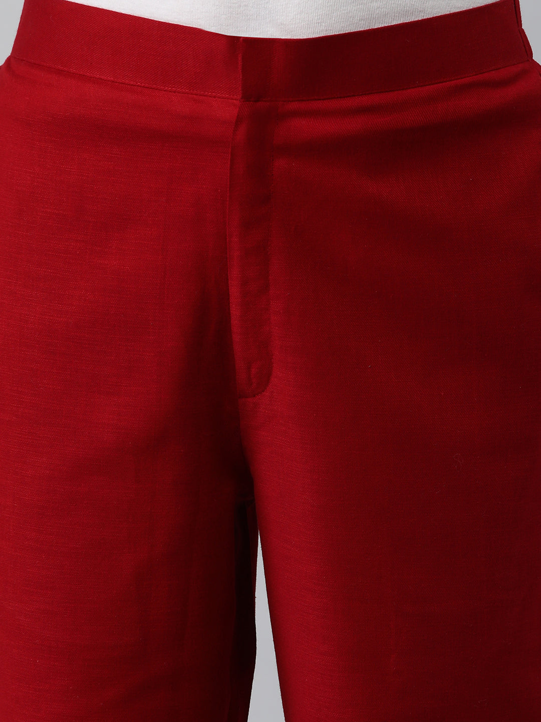 A Maroon ankle length cotton linen pant with plain belt in front
