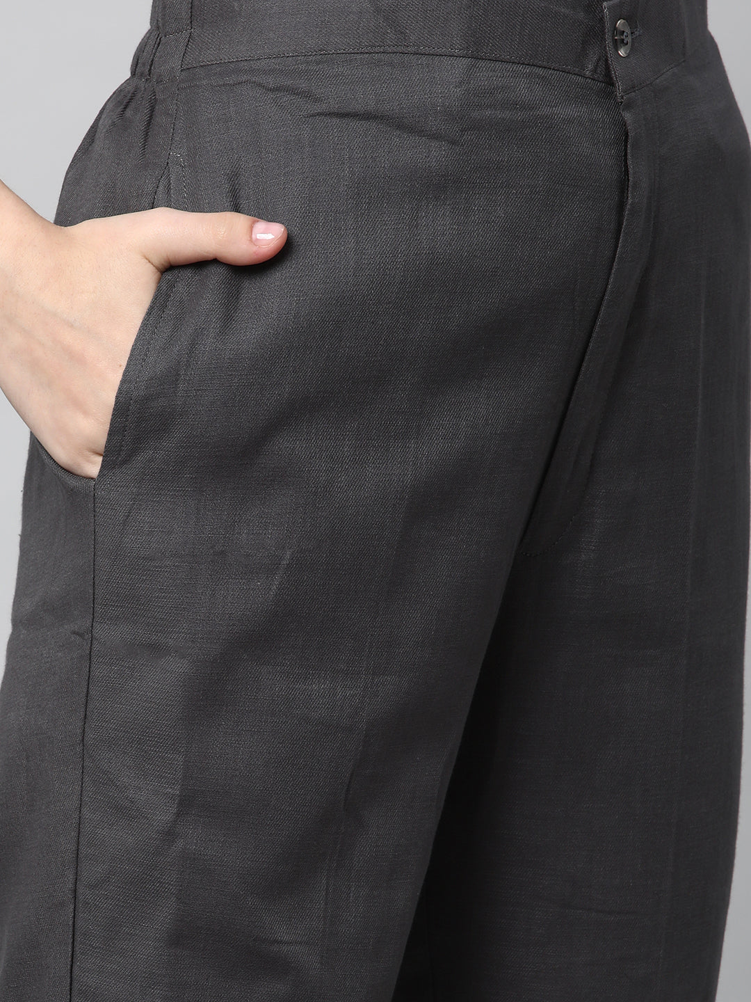 A Grey ankle length cotton linen pant with plain belt in front