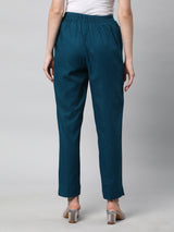 A Teal ankle length cotton linen pant with plain belt in front