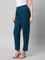 A Teal ankle length cotton linen pant with plain belt in front