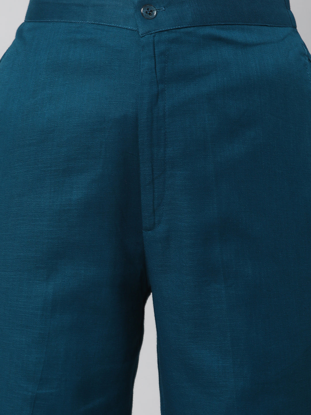 A Teal ankle length cotton linen pant with plain belt in front