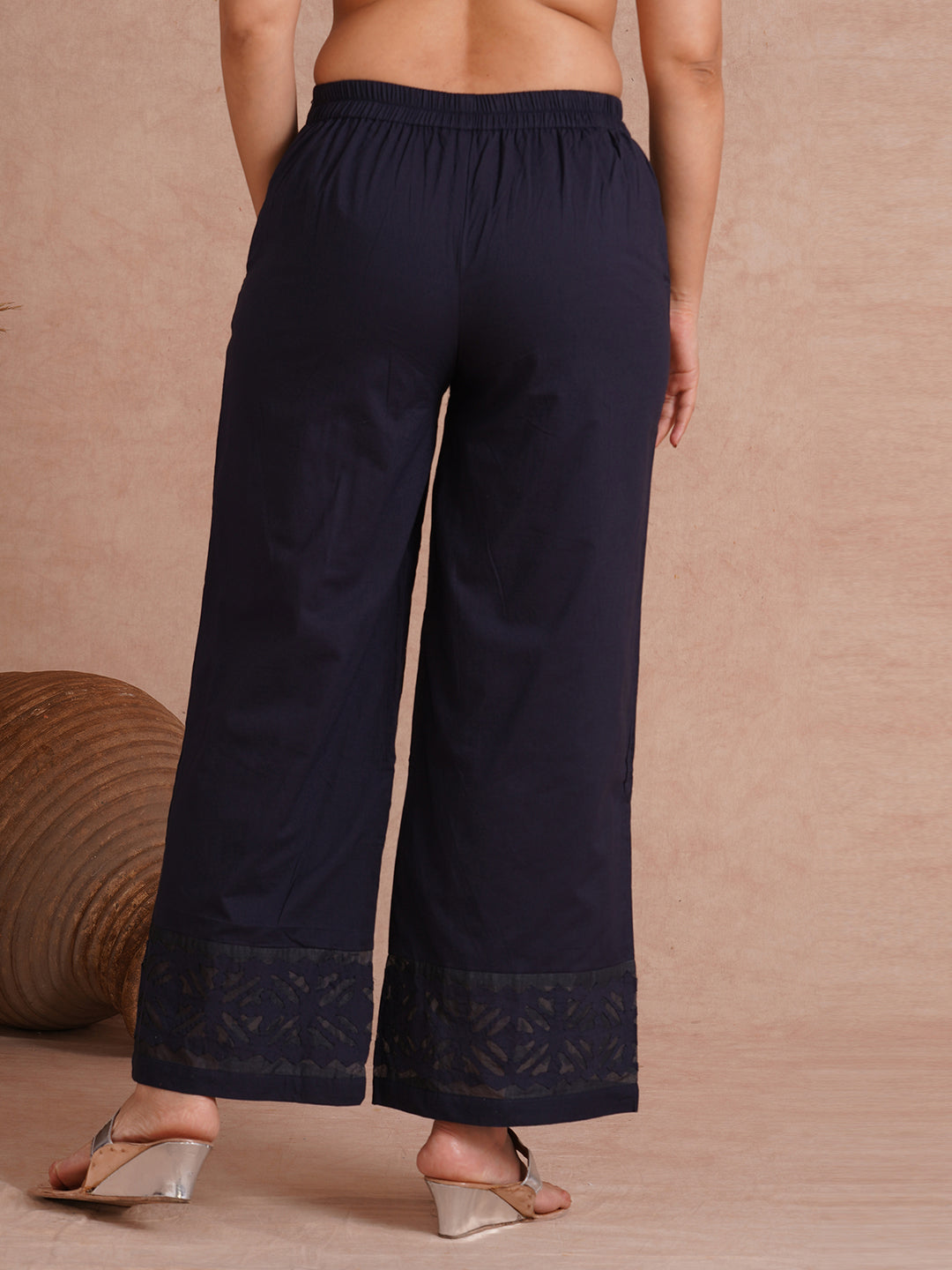 Flared cotton palazzo with applique detailing in hem(Navy Blue).