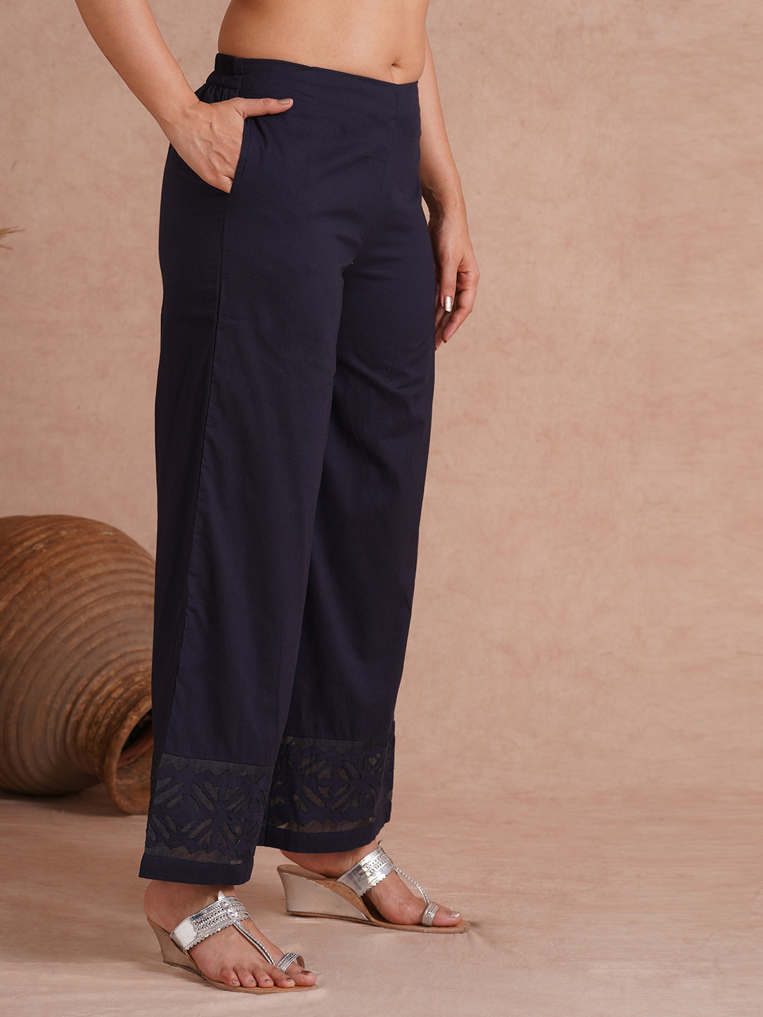 Flared cotton palazzo with applique detailing in hem(Navy Blue).