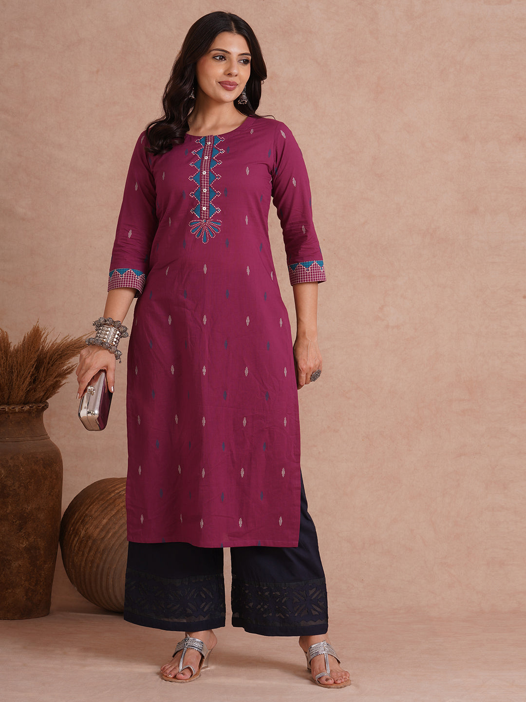 Flared cotton palazzo with applique detailing in hem(Navy Blue).