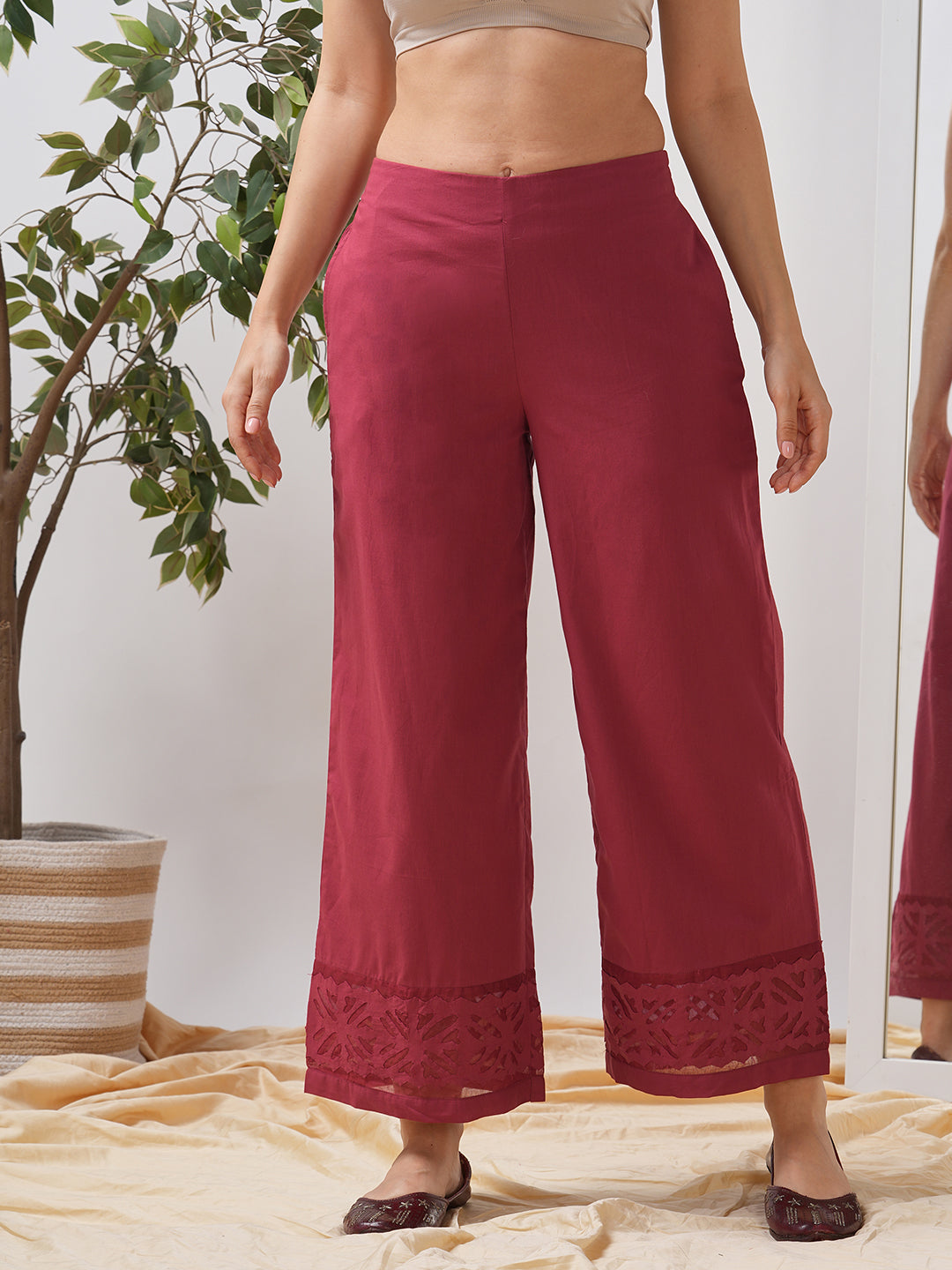 Flared cotton palazzo with applique detailing in hem(Maroon).