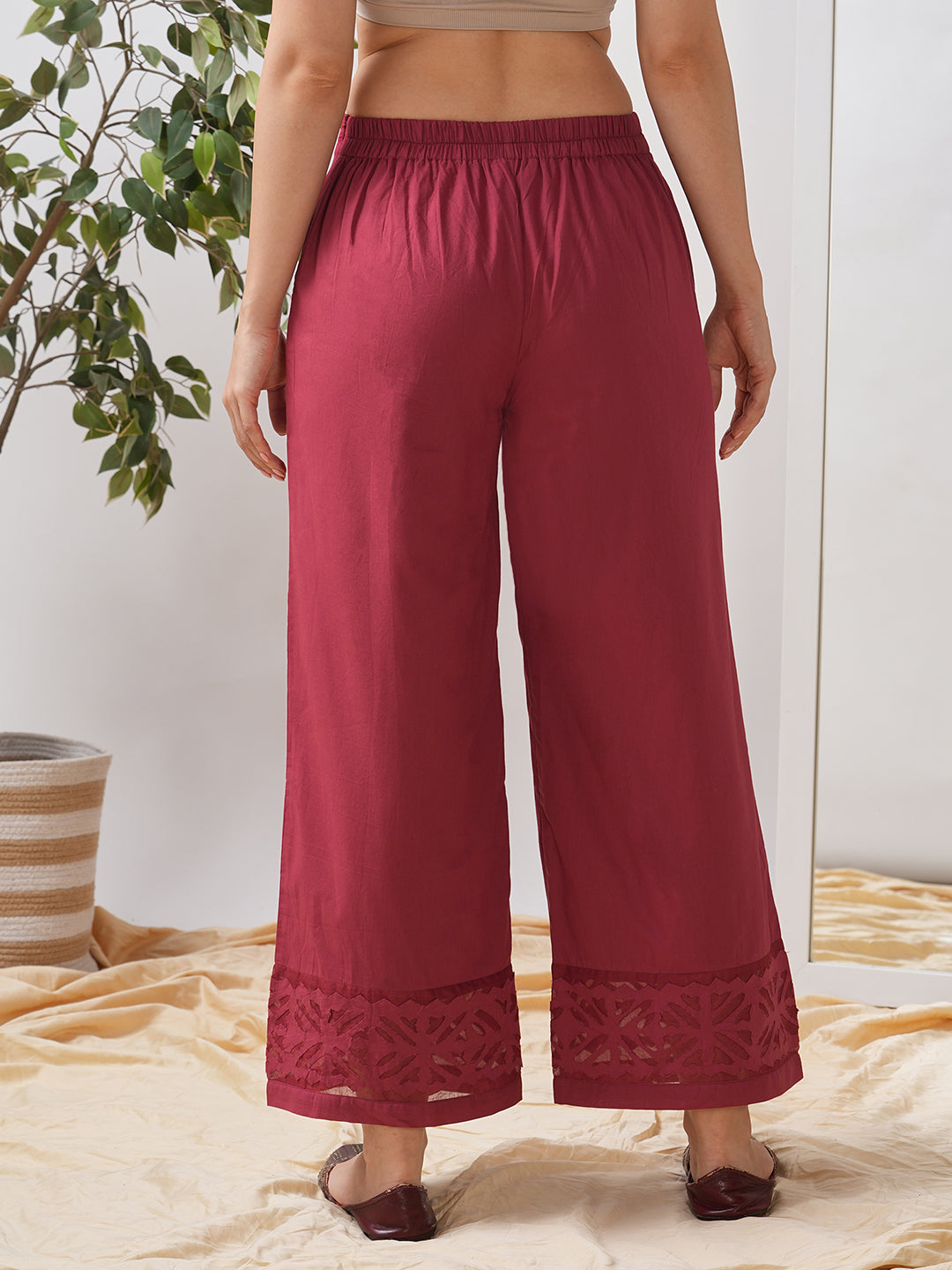 Flared cotton palazzo with applique detailing in hem(Maroon).