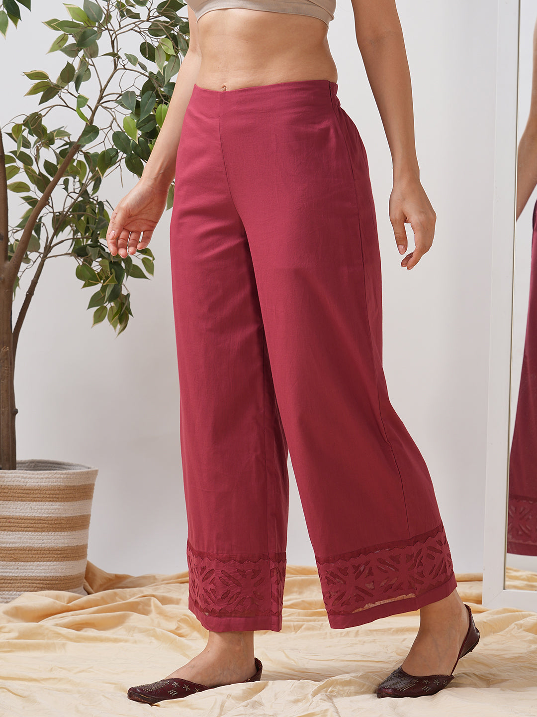 Flared cotton palazzo with applique detailing in hem(Maroon).