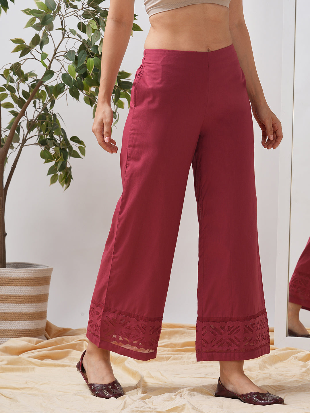 Flared cotton palazzo with applique detailing in hem(Maroon).
