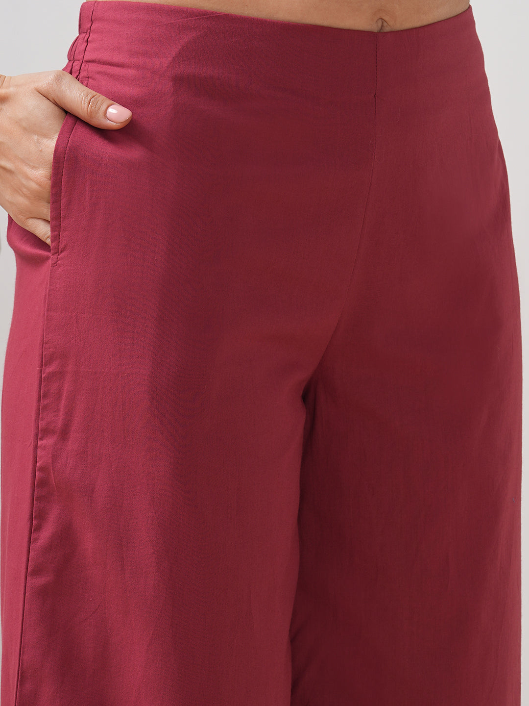 Flared cotton palazzo with applique detailing in hem(Maroon).