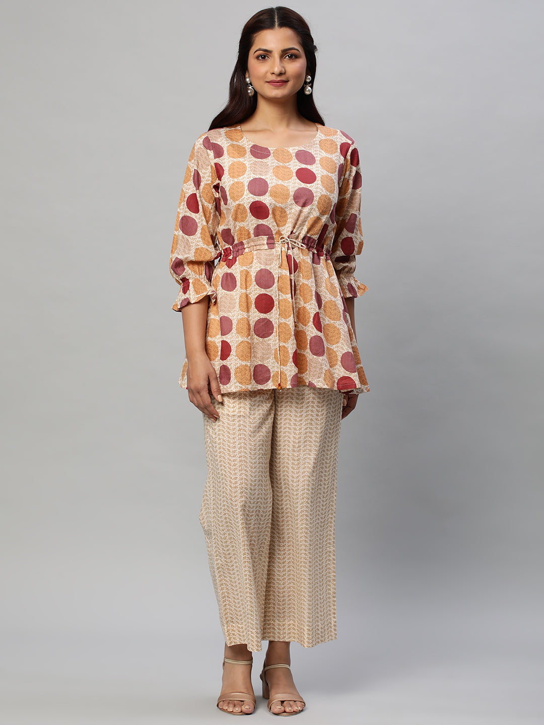 A printed co-Ord with the scrunching detail at waist