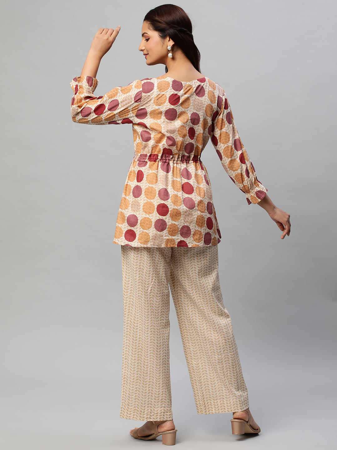 A printed co-Ord with the scrunching detail at waist