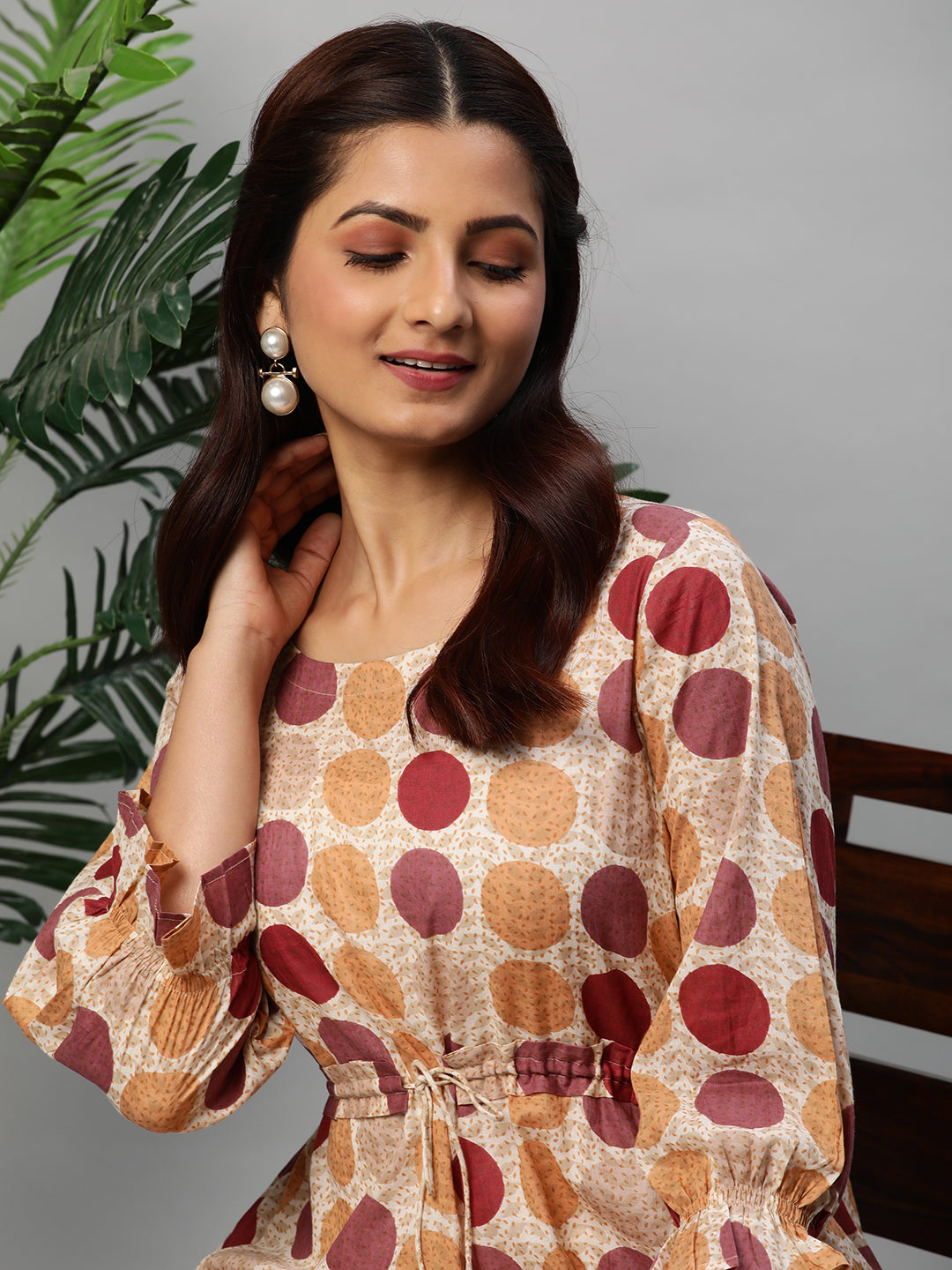 A printed co-Ord with the scrunching detail at waist