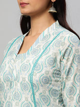 A line printed cotton V neck Kurta with lace detailing paired with self striped Pant