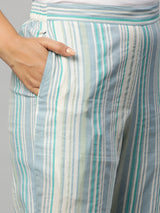A line printed cotton V neck Kurta with lace detailing paired with self striped Pant