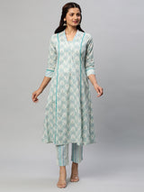 A line printed cotton V neck Kurta with lace detailing paired with self striped Pant