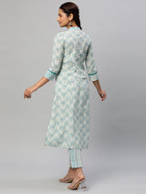 A line printed cotton V neck Kurta with lace detailing paired with self striped Pant