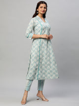 A line printed cotton V neck Kurta with lace detailing paired with self striped Pant