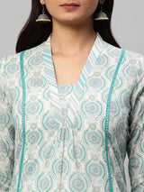 A line printed cotton V neck Kurta with lace detailing paired with self striped Pant