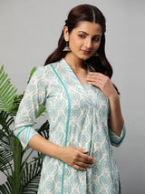 A line printed cotton V neck Kurta with lace detailing paired with self striped Pant