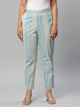 A line printed cotton V neck Kurta with lace detailing paired with self striped Pant