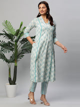 A line printed cotton V neck Kurta with lace detailing paired with self striped Pant