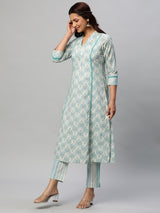 A line printed cotton V neck Kurta with lace detailing paired with self striped Pant