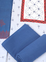 Unstitched printed suit set with a contrast colour applique yoke that emphasizes handwork and printed dupatta