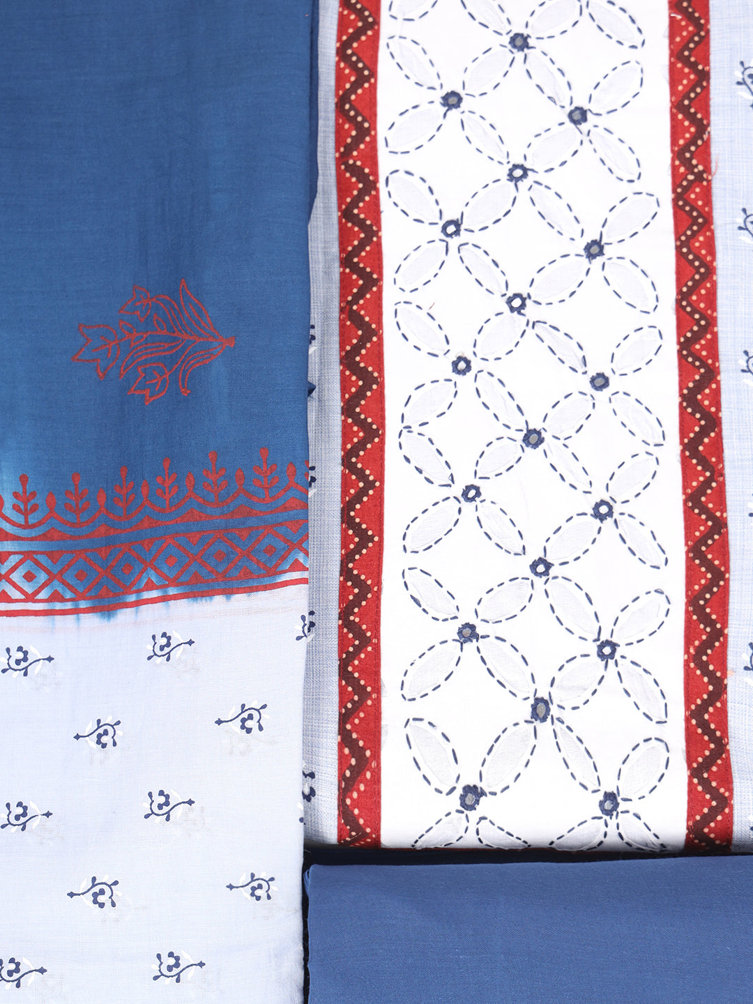 Unstitched printed suit set with a contrast colour applique yoke that emphasizes handwork and printed dupatta