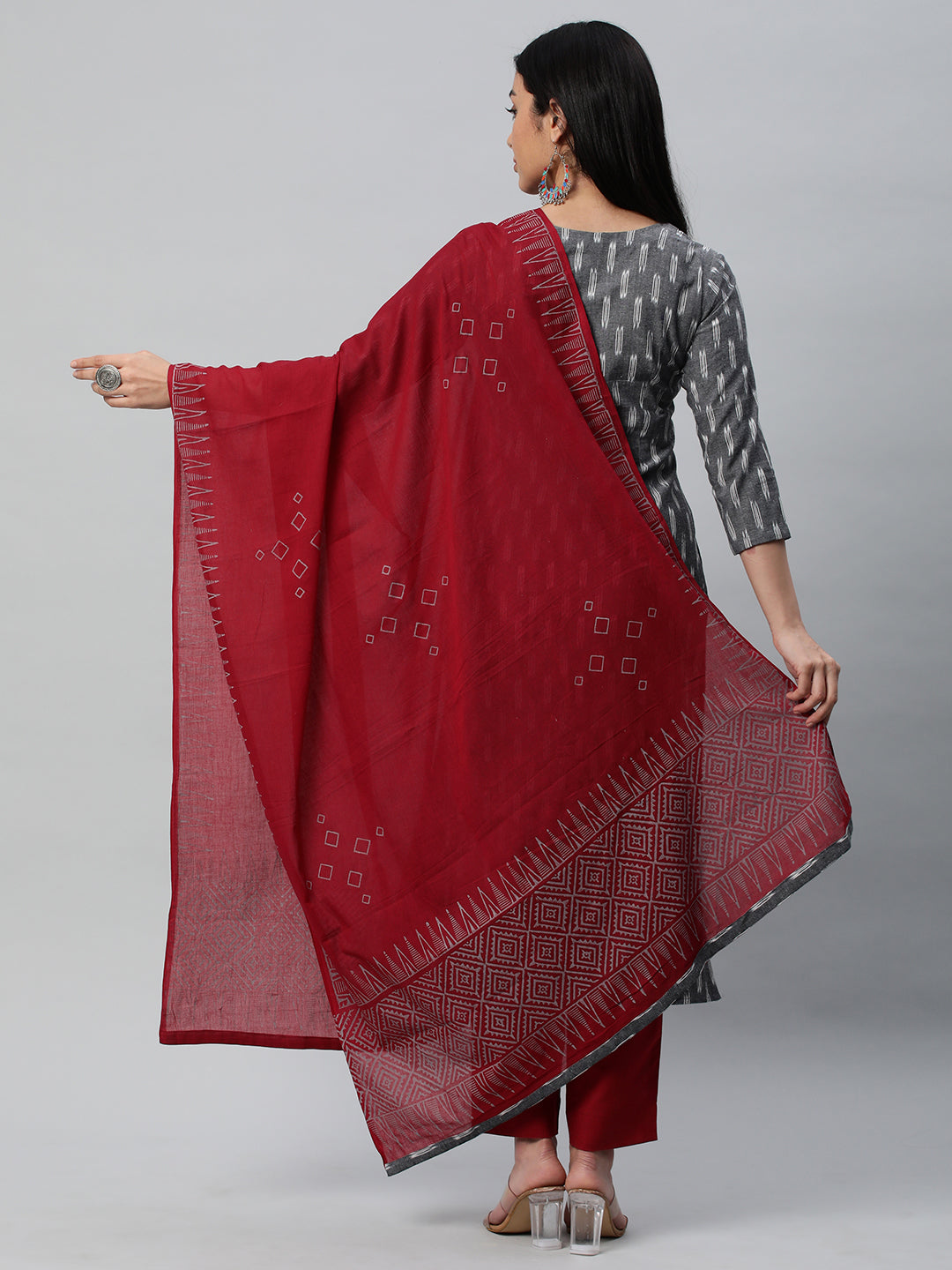 Unstitched cotton suit set with an ikat top and contrast-colored dupatta