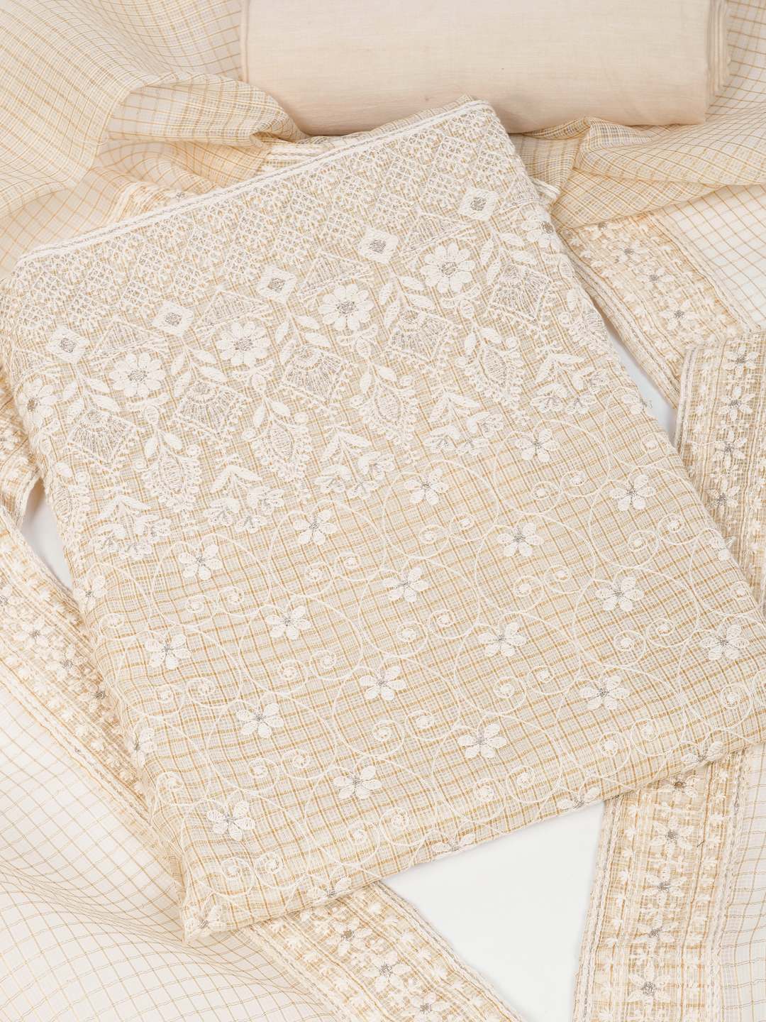 Party Edit- Unstitched suit set with kota-doria dupatta and plain bottom