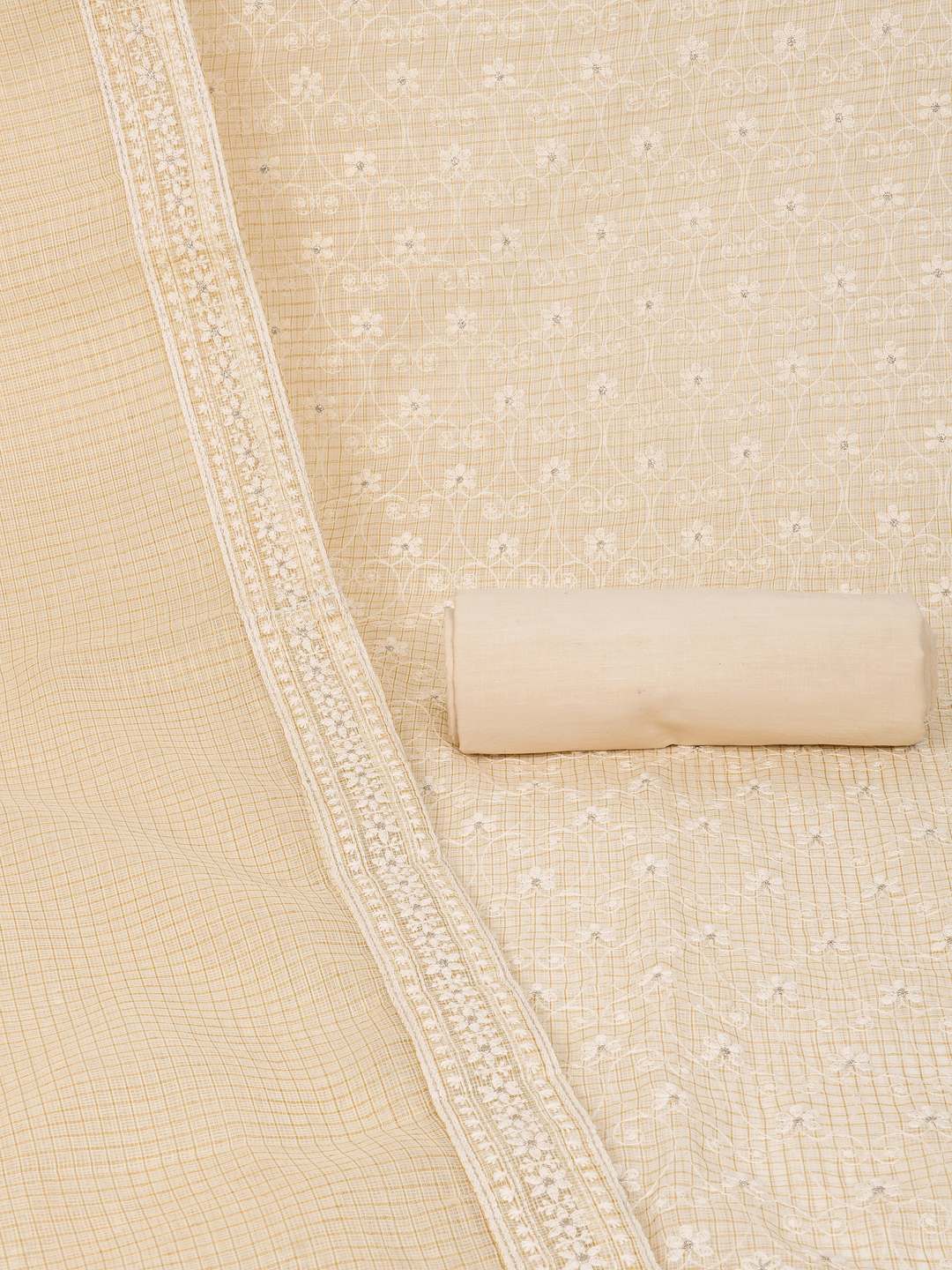 Party Edit- Unstitched suit set with kota-doria dupatta and plain bottom