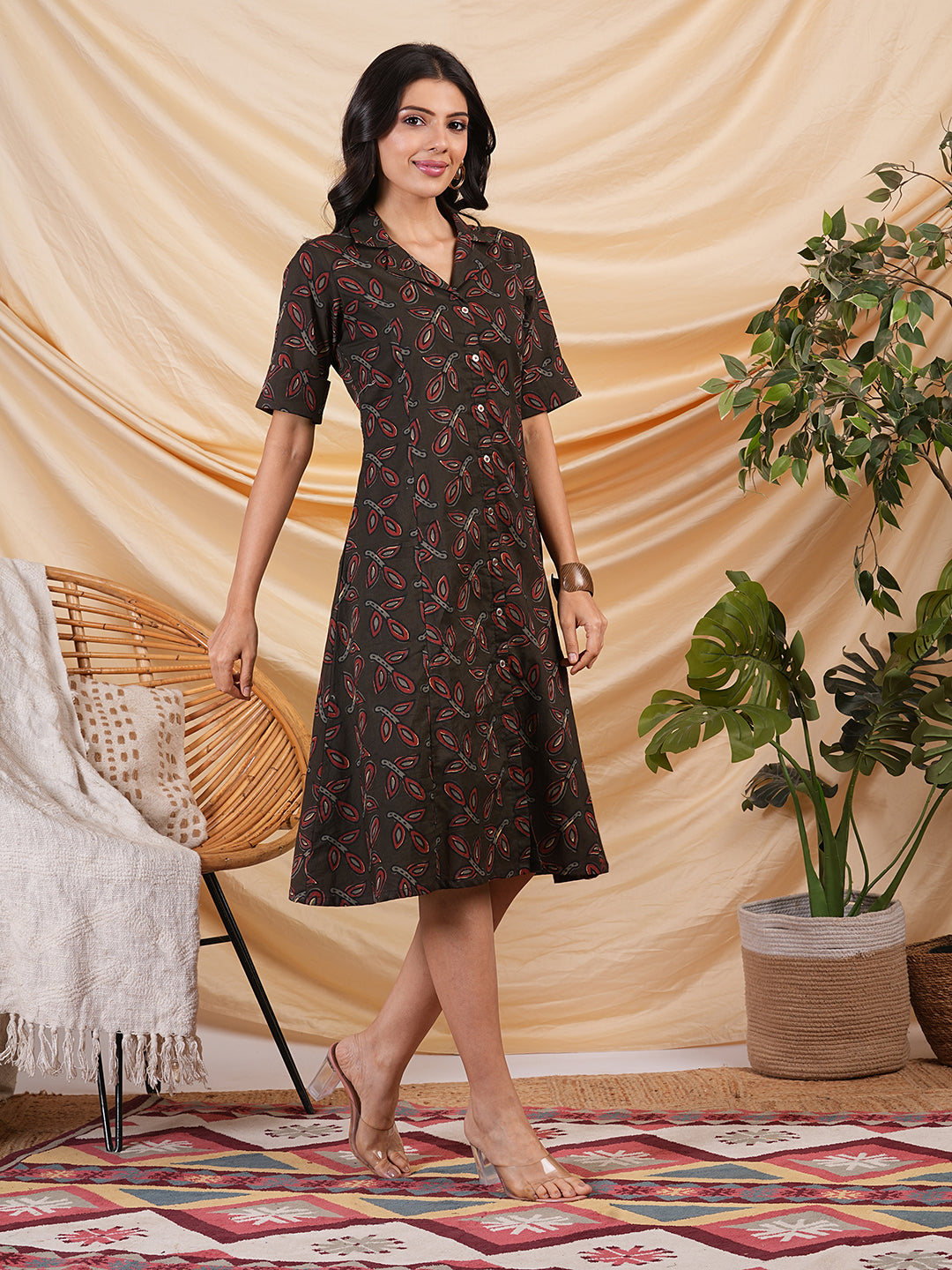 A-line cotton printed dress with pocket